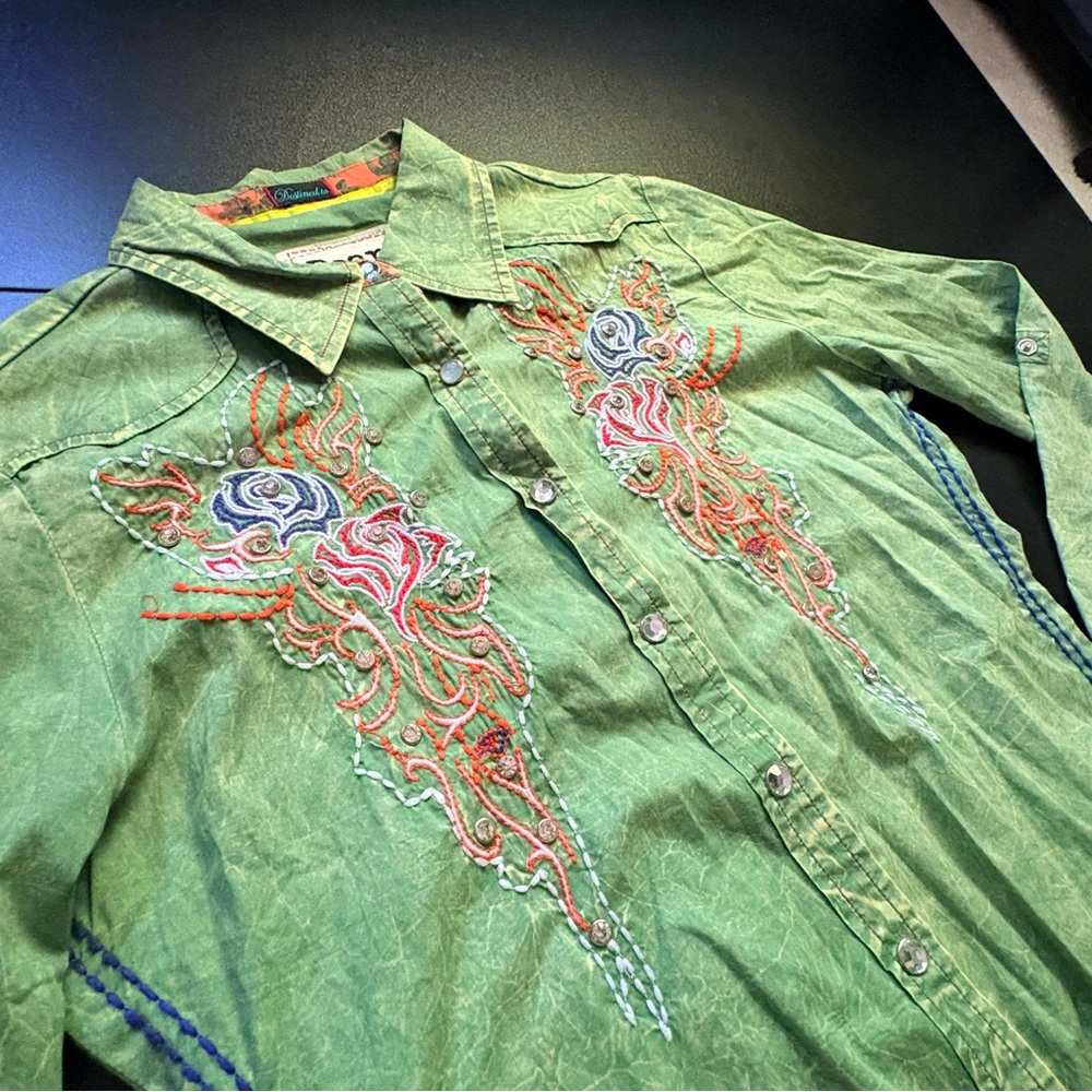 Roar western shirt embroidered pearl buttons cowgirl fitted acid wash medium - Picture 4 of 11